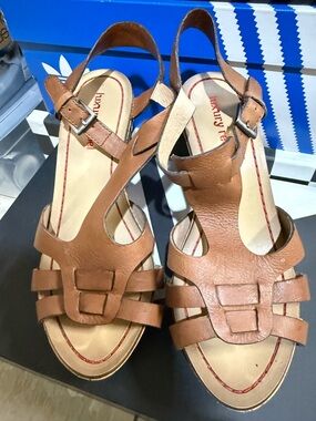 luxury rebel Tan Leather Wedge Sandals